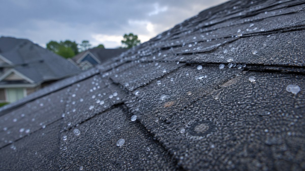 Hailstones on an asphalt shingle roof after a Mid-South storm