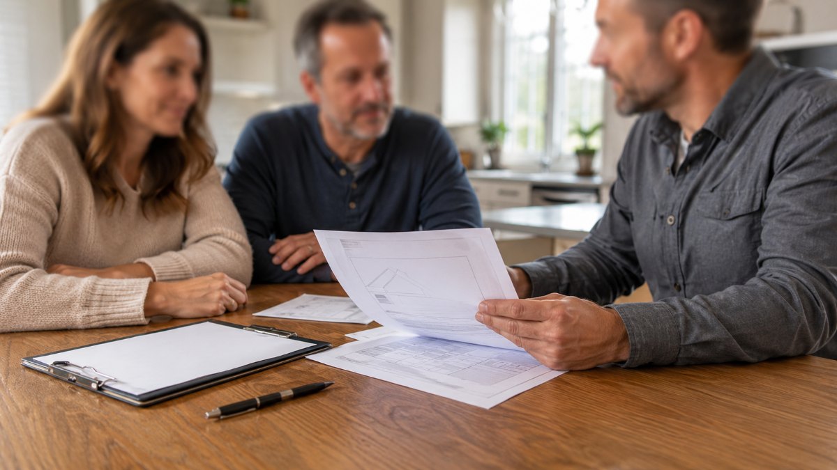 Homeowner reviewing a roofing estimate at the kitchen table