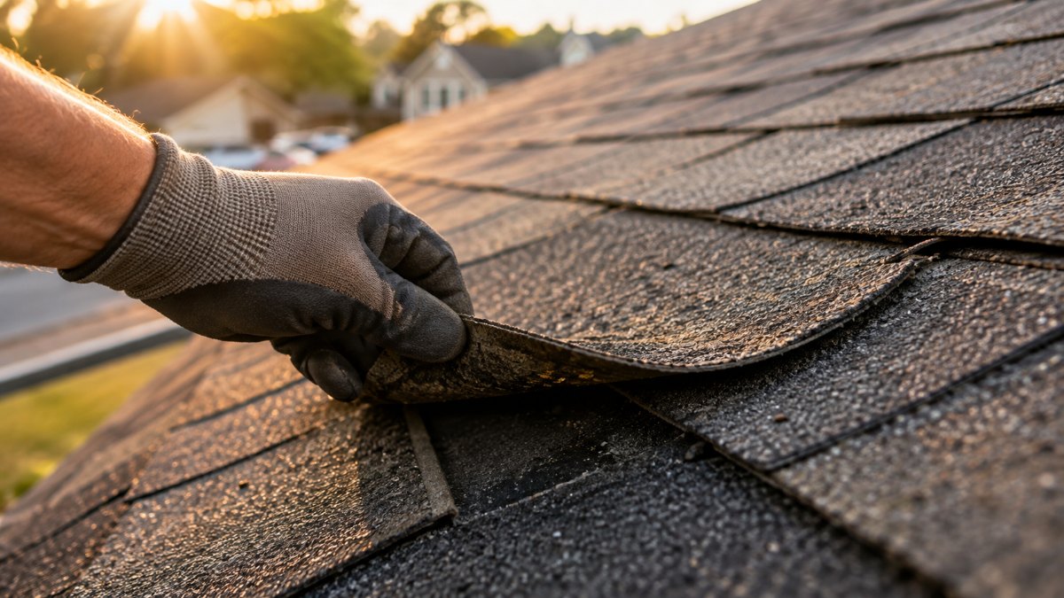 A roofer inspecting worn asphalt shingles on a residential roof
