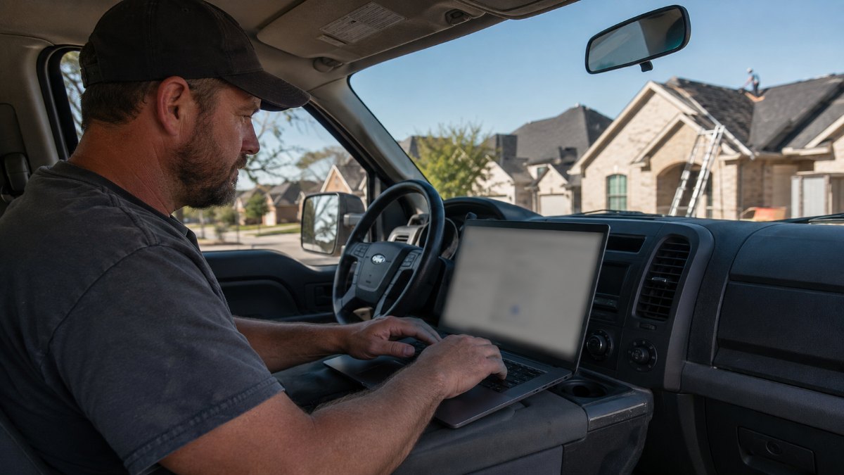 Roofer at a laptop ordering a roof measurement report by address instead of climbing